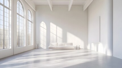 Fototapeta premium Captivating minimalist white room showcasing high ceilings large windows allowing natural light to flood the open space