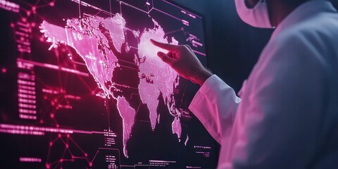 A scientist analyzing a digital world map with vibrant graphics, illustrating advanced technology and data visualization.
