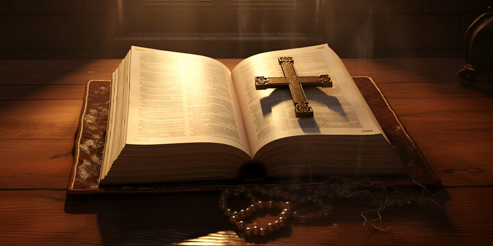 old book with candle, Close up of a holy bible and christian cross on wooden table Happy good friday or religion concept
