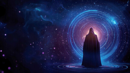 A mysterious figure in a cloak stands before swirling cosmic lights, embodying the allure of the unknown and the depth of space.