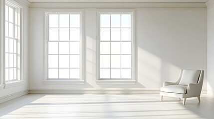 Fototapeta premium Minimalist white room with large windows that allow natural light to stream in highlighting the clean lines of the contemporary furniture and creating a bright open and serene atmosphere