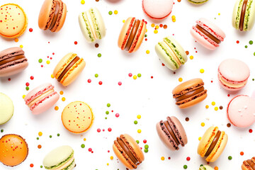 Macaroons dessert pattern on white background top view copy space
