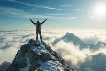 Climber standing on a mountain peak above clouds with arms raised. Perfect for adventure, success, and motivation. Generative AI