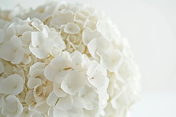 Close-up of Delicate, Pristine White Hydrangea Blossoms Set Against a Minimal, Bright Background