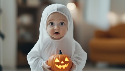 Adorable baby in a ghost costume with glowing edges, holding a small jack-o'-lantern toy, close-up, cute Halloween scene, soft lighting, closes up