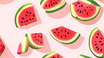 Colorful watermelon slices arranged on a soft pink background.