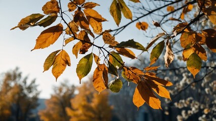 Fototapeta premium Colorful leaves rustle in the breeze as autumn sunlight enhances their vivid hues