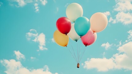 Obraz premium A serene and dreamlike photograph capturing a breathtaking scene of colorful hot air balloons drifting gently into a clear blue sky surrounded by soft wispy clouds that evoke a sense of freedom