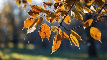 Sunlight catches golden leaves on branches in a tranquil park during autumn