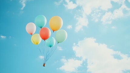 Obraz premium A serene photograph showcasing colorful balloons drifting gently into a clear blue sky surrounded by soft wispy clouds evoking a sense of freedom lightness and tranquility