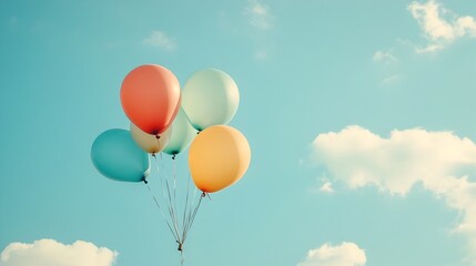 Obraz premium A serene photograph showcasing a beautiful display of colorful balloons drifting gently into a clear blue sky surrounded by soft wispy clouds evoking a sense of freedom lightness and tranquility