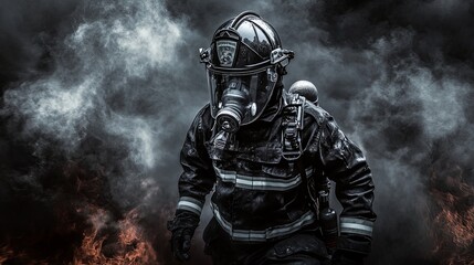 Brave firefighter in action, sweat-soaked and surrounded by smoke and flames, embodying the courage and dedication of emergency response heroes.