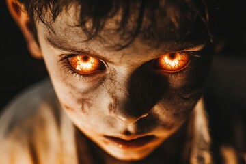 Ghostly child with hollow, glowing eyes, tattered clothes, close-up, horror, unsettling, soft lighting, deep shadows