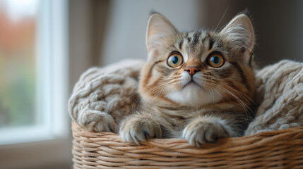 A cute cat with soft fur sitting inside a basket, with a background in warm tones of white and beige. The image is cozy and inviting, with ample copy space