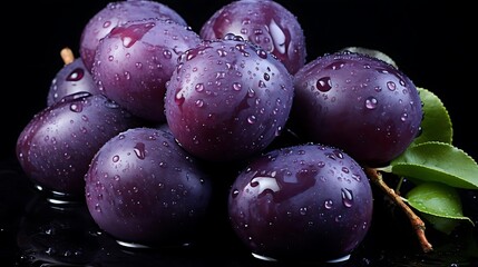 A close-up of fresh purple plums with water droplets on a dark background.