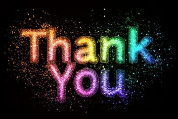 "Thank You" written in a gradient of rainbow colors, with a scattering of light sparkles around the letters on a black background 
