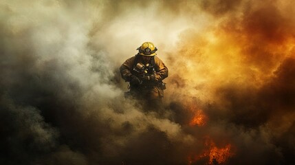 Dedicated firefighter bravely battling flames, sweat-soaked in the heat of the inferno, embodying the essence of courage and emergency rescue operations.