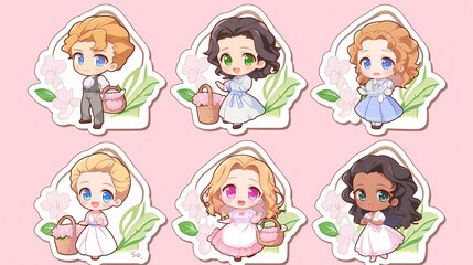 Fototapeta premium A set of charming anime girl illustrations, showcasing different outfits and expressions for digital use.