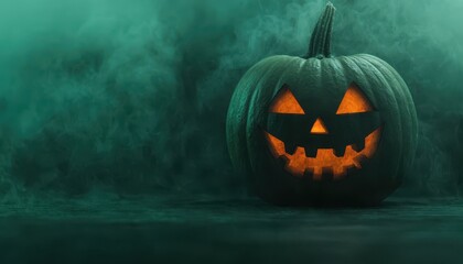 Pumpkin with an ancient, cursed symbol carved into it, glowing green mist, close-up, dark horror, high contrast, eerie atmosphere