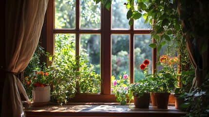 Fototapeta premium A cozy cottage window offers a tranquil and picturesque view of a lush garden filled with blooming flowers and sunlight filtering through the verdant foliage