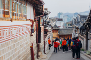 Bukchon Hanok Village, Jongno District, Seoul, South Korea, streets with traditional korean houses, travel to South Korea concept in a spring sunny day