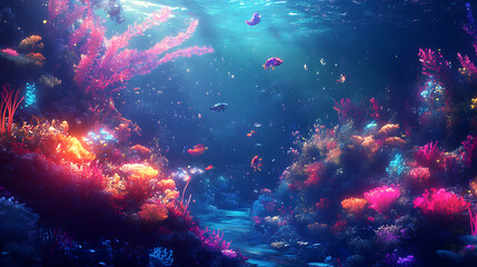 Fototapeta premium background with a fantastical underwater world, featuring friendly sea creatures, coral reefs, and glowing seaweed