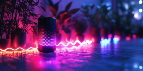 A black speaker with a mesh grille sits on a table with neon lights and blurred plants in the background.