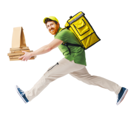 Happy quick courier delivering fast food