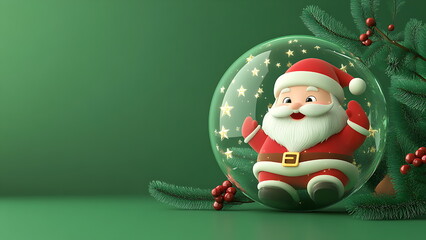 Fototapeta premium Santa Claus in a clear bubble, surrounded by Christmas trees and greenery, on a green background.