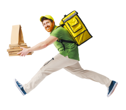 Happy quick courier delivering fast food - Powered by Adobe