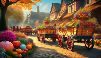 Autumnal Harvest Festival on Cobblestone Street with Flower Carts
