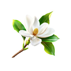 Obraz premium Single White Magnolia Flower with Green Leaves Isolated on White Background