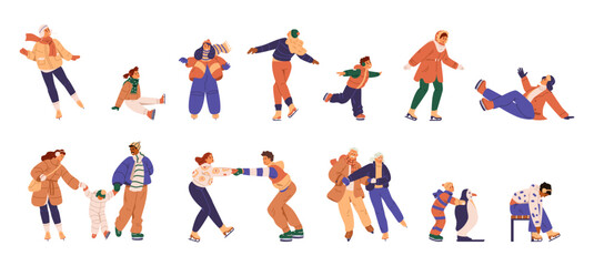 Different people in outwear ice skating in winter flat vector illustrations set isolated on white. Families, singles, elderly, couples, kids, different races people having fun on ice rink. Winter outd