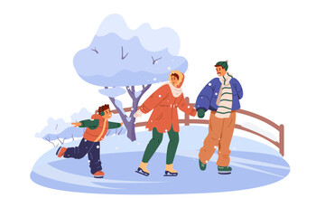 Happy family having fun on outdoor ice rink flat vector scene isolated on white. Parents with son skating outdoors.