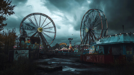Spooky carnival with broken rides and creepy clowns, under a dark, cloudy sky