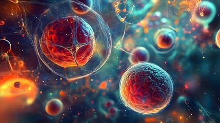 Abstract visualization of stem cell research with digital models and cellular structures, highlighting innovations in regenerative medicine.