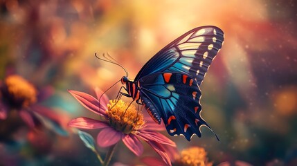Close up photograph showcasing the beauty and intricate details of a vibrant butterfly resting on a colorful flower with soft sunlight illuminating the serene and captivating natural scene
