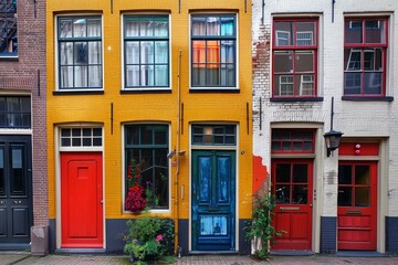 Obraz premium Row of colorful typical dutch houses facades with red, blue and green doors in amsterdam, netherlands