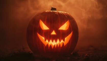 Haunted pumpkin with eerie ghost faces swirling in the glow, close-up, horror, soft misty lighting, dark gothic setting, closes up