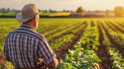 Fototapeta premium Dedicated Farmer Tending Crops in a Vast Field, Embracing the Essence of Agriculture and Harvest Season. Sunlit and Rustic Farming Lifestyle.