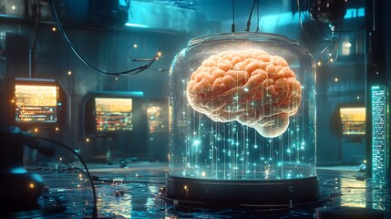 Obraz premium A brain floating in a jar of liquid data, with wires connecting it to a vast network of glowing screens and devices.