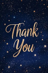 "Thank You" written in elegant gold script on a deep navy background, with subtle stars twinkling in the corners 