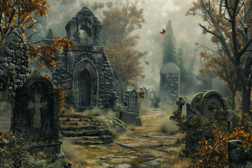Old cemetery scene with ancient stones, crosses, and tombs along a path to a mysterious crypt