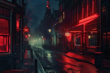 Red and green neon lights illuminating a wet street in the red light district at night