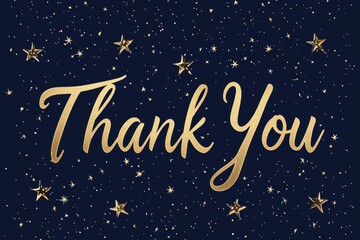 "Thank You" written in elegant gold script on a deep navy background, with subtle stars twinkling in the corners 