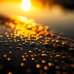 Magic sunset. Golden sun and bubbles on the surface of the water. 3D illustration.