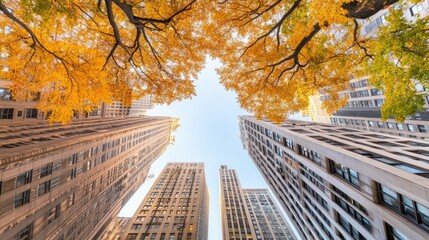 Bright orange and red maple leaves frame the view of tall skyscrapers, highlighting nature's beauty within the urban landscape as the clear sky provides a serene backdrop.