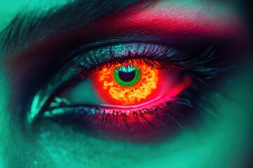 Halloween witch's eye with reflective orange contact lens, neon green makeup, close-up, futuristic cyber-fantasy, high definition, eerie glow