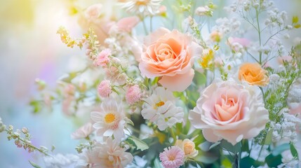 Fototapeta premium Soft focused photograph showcasing a beautifully arranged bouquet of colorful flowers with delicate petals and lush greenery