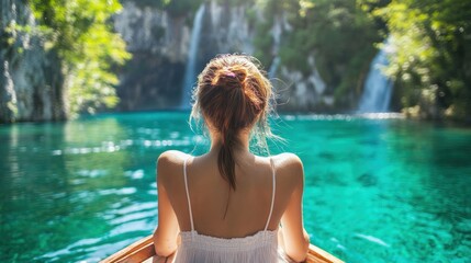 Obraz premium A beautiful Croatian girl with a serene expression, sitting on a boat as it glides through the clear waters of Plitvice Lakes